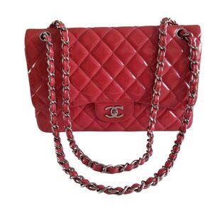 Authentic Chanel Red Patent Leather Jumbo Classic Double Flap Chain Shoulderbag